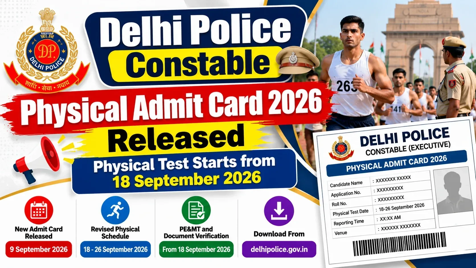 Delhi Police Constable Physical Admit Card 2026 Released, Physical Test Starts from 18 September